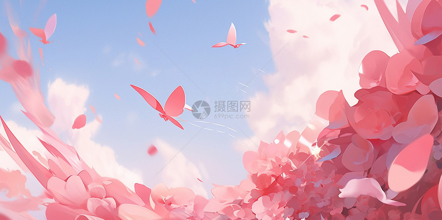 蓝天下飞舞的漫天粉色花瓣卡通场景图片