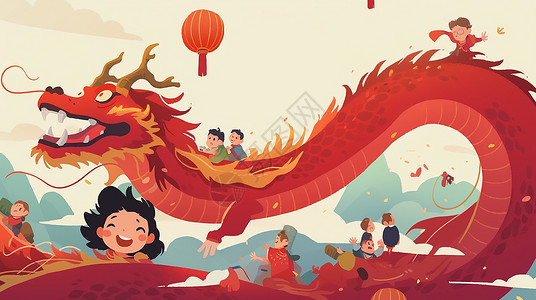 可爱的卡通小朋友们与红色喜庆巨龙春节卡通场景背景图片
