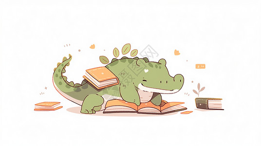可爱的卡通小恐龙在看书卡通场景背景图片