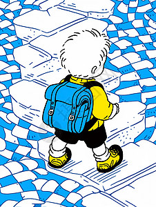 书包简笔画背着蓝色书包可爱的卡通小男孩背影插画