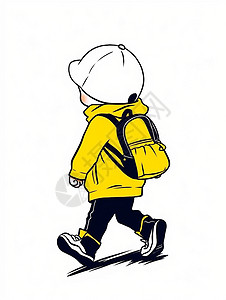 穿黄色卫衣背着书包走路的卡通小男孩背影背景图片