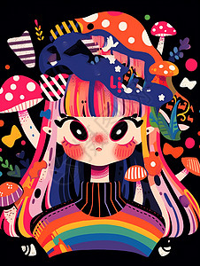 穿着彩虹色毛衣可爱的卡通小女孩扁平风背景图片