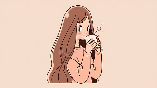 棕色长发小清新卡通女孩在喝热咖啡插画