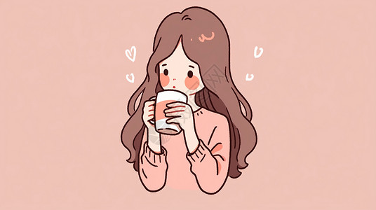 简约咖啡优惠券穿皮粉色毛衣喝饮料的卡通女孩插画