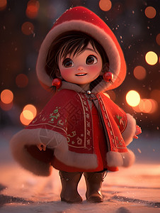 3d冬天冬天夜晚穿着红色斗篷欣赏夜景开心笑的卡通小女孩插画