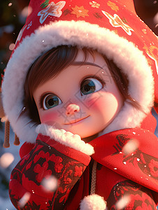 穿着喜庆红色衣服看着雪景的可爱卡通小女孩背景图片