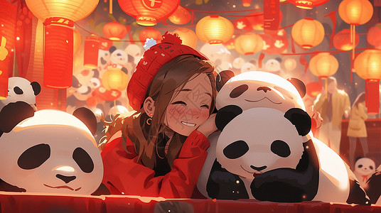喜度元宵节穿着喜与大熊猫一起在花灯节开心笑的卡通女孩插画
