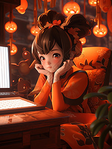 双手托着脸古风装扮的卡通女孩坐在电脑前背景图片