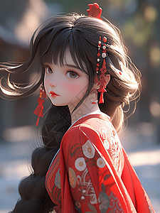 穿着大红色传统服装的长发小清新卡通女孩背景图片