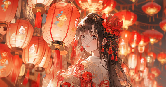 头戴大红花古风装扮漂亮的卡通女孩在欣赏花灯背景图片