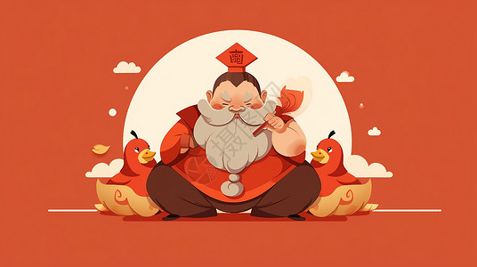 鸡与人物相伴穿着喜庆的古风卡通老爷爷与两只鸡插画