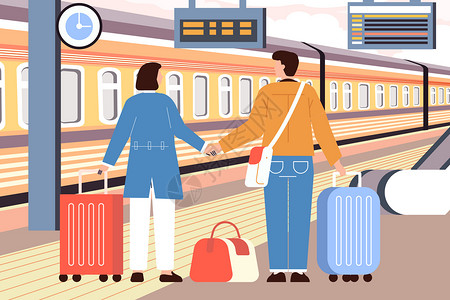 高铁上的素材春运情侣火车站等车插画