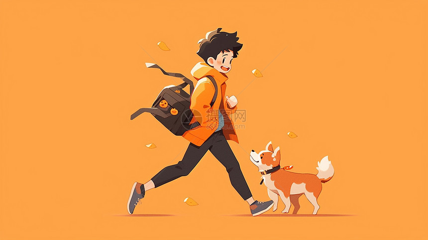 背着书包奔跑的卡通小男孩与可爱的宠物狗图片