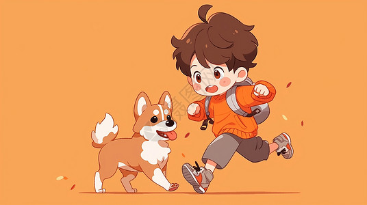 穿着橙色毛衣与小狗一起奔跑的卡通小男孩插画
