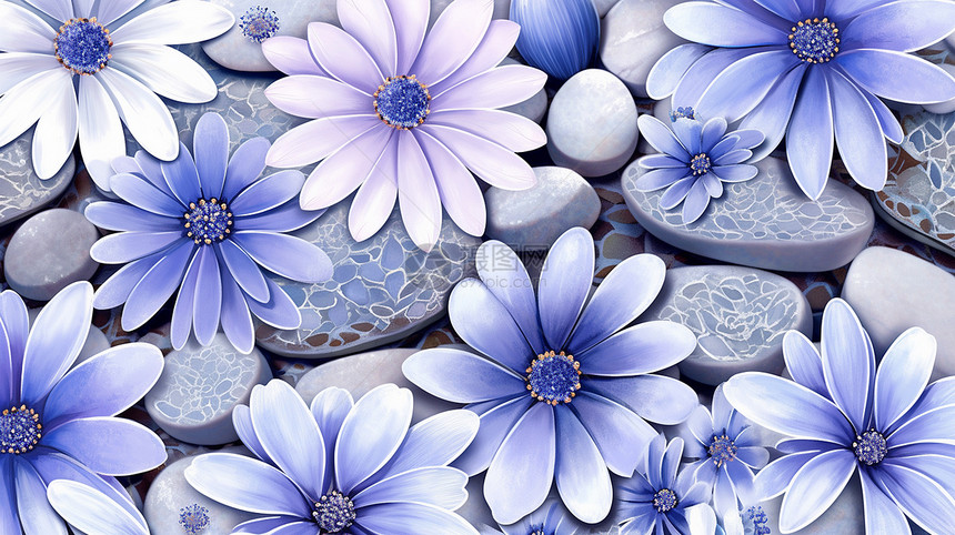 紫色盛开的花朵与鹅卵石卡通背景图片