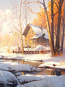 风景照素材冬日下午温暖的阳光照在森林中一座美丽的卡通小木屋插画