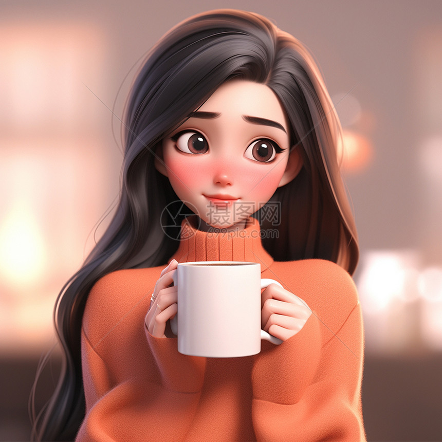 长发优雅的卡通女孩在端着咖啡杯图片