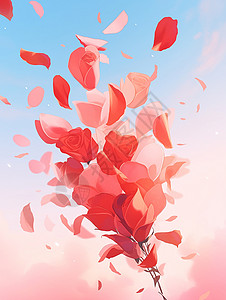 红色玫瑰花花瓣满天的红色玫瑰花瓣卡通场景插画