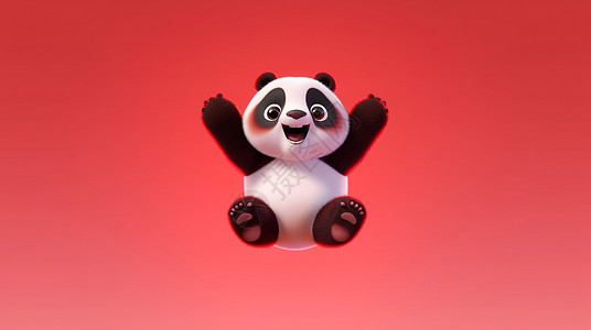 红色背景开心跳起的卡通大熊猫背景图片