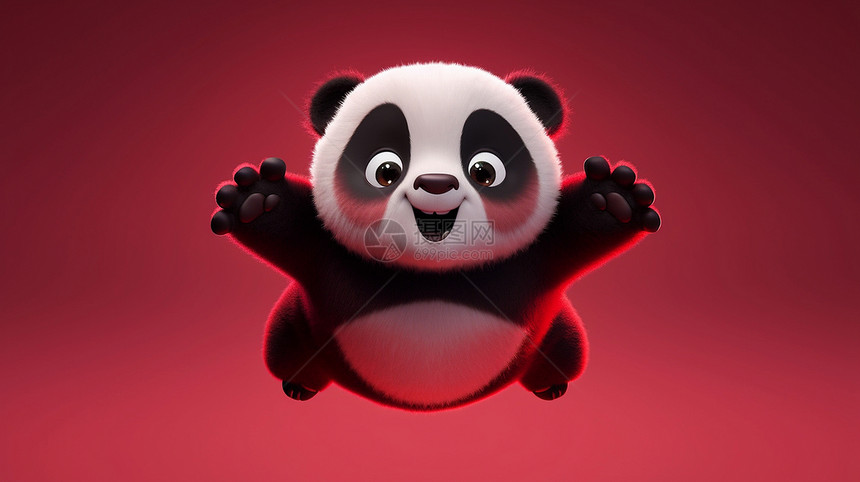 张开双手开心笑可爱的卡通大熊猫喜庆红色背景图片