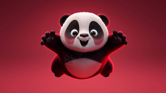 张开双手开心笑可爱的卡通大熊猫喜庆红色背景背景图片