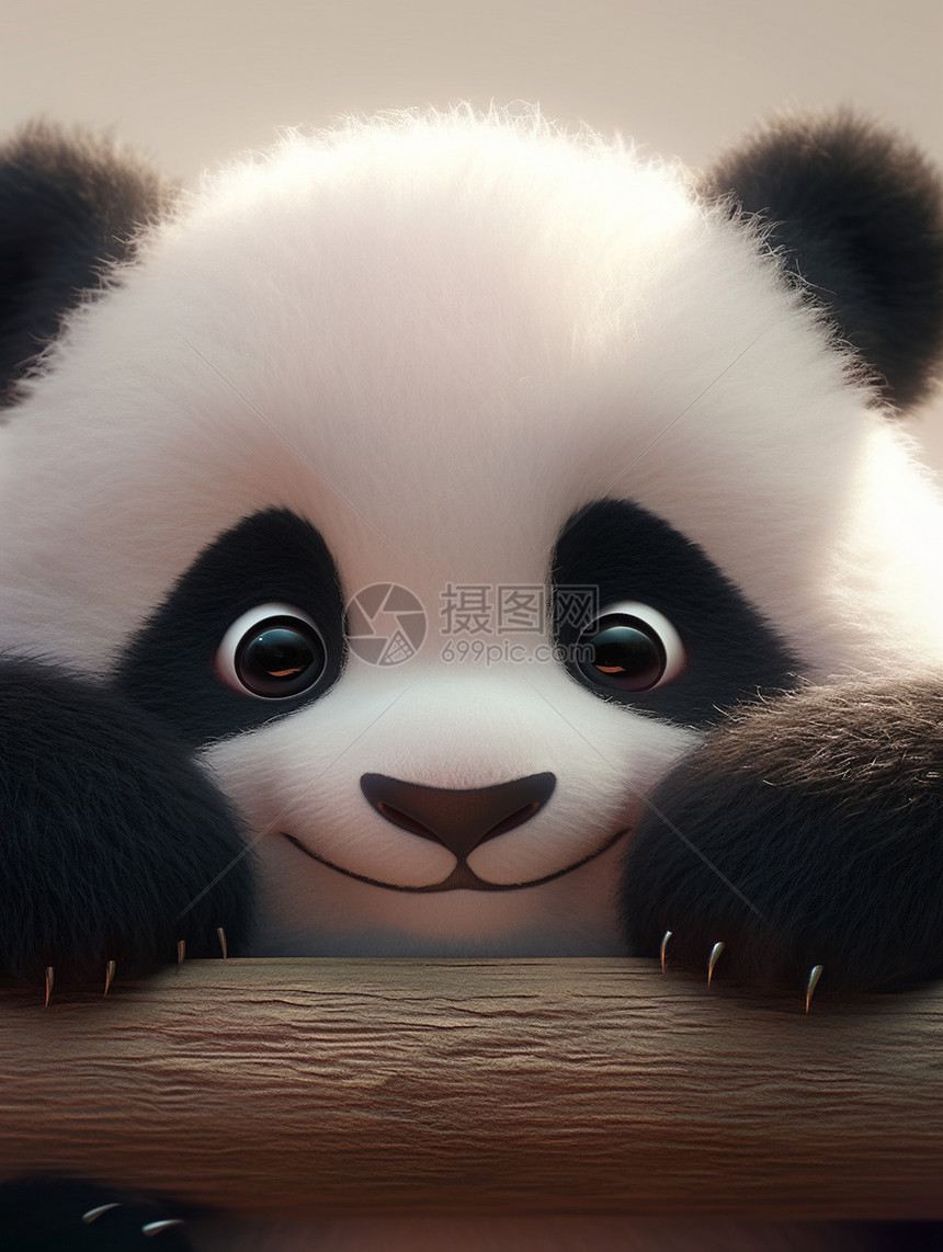 顽皮可爱的卡通大熊猫趴在木头上图片