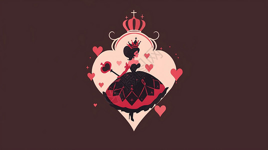  红桃皇后穿着黑色公主裙的扁平风卡通女人头戴皇冠插画