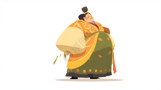 肥胖素材人物简约富态古风装扮卡通人物站在白色背景下插画