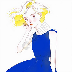 黄色短发穿着蓝色裙子时尚卡通女孩背景图片