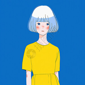 穿着黄色裙子在蓝色背景下白色短发安静的卡通小女孩背景图片