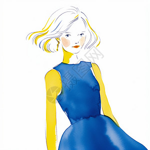 撞色风水彩风穿着时尚蓝色裙子的短发卡通女人插画