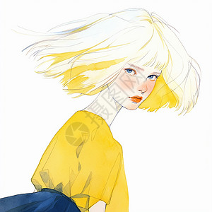白色短发涂红唇时尚的卡通女孩穿着黄色裙子背景图片