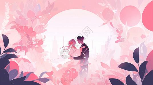 在花丛中拥抱甜蜜的卡通情侣背景图片