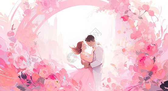开心笑甜蜜的卡通情侣在花丛中拥抱背景图片