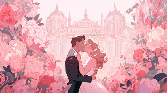 在粉色花丛中亲吻拥抱的甜蜜卡通情侣背景图片
