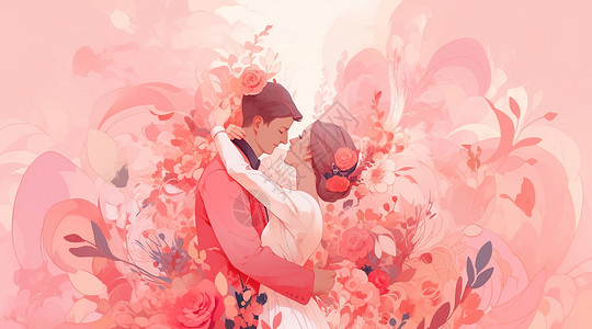 花丛中的情侣粉色花丛中一对拥抱开心笑的甜蜜卡通情侣插画