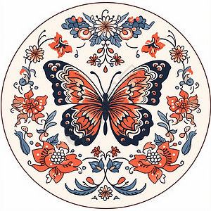 被花朵围绕的复古卡通蝴蝶图案背景图片
