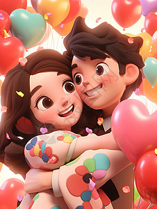 一起在气球中开心笑的卡通情侣背景图片