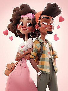 背对背的情侣背对背站在一起微笑的深色皮肤卡通情侣插画