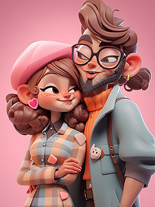 情侣互相打闹粉色背景站在一起互相对视的甜蜜卡通情侣插画