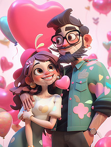 女红被很多粉色红爱心气球围绕的甜蜜卡通情侣插画