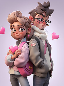 情侣背对背分别背对背站在一起的年轻卡通情侣背着包与漂浮的粉色爱心插画