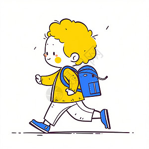 橘猫在走路背着蓝色书包黄色头发可爱卡通小男孩在走路插画
