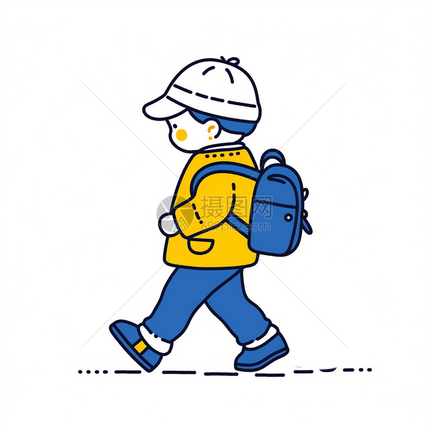 戴着棒球帽背着蓝色书包走路的卡通男孩图片