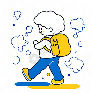 背着书的男孩简约可爱的卡通男孩背着书包去上学插画