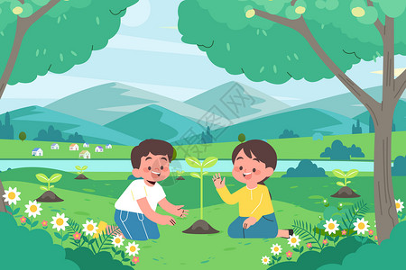绿化画册植树节春天儿童植树插画