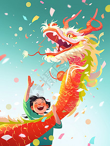 拿着灯笼的小女孩龙年抱着橙红色巨龙开心笑的卡通小女孩插画