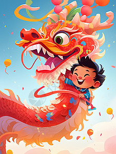 春节传统习俗正月民族风卡通彩色巨龙与小小的女孩背影插画