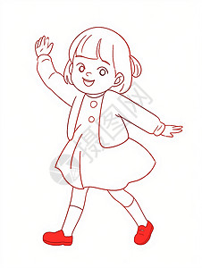 穿着红鞋子开心跳舞的卡通小女孩线稿插画