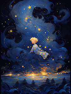 金发在天空飞舞的可爱卡通小男孩背景图片